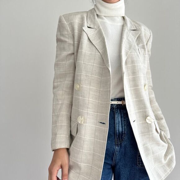 Vintage Linen Blend Jacket Women 6 Plaid Neutral Minimalist Old Money Equestrian - Picture 5 of 12